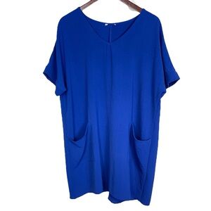 Jodifl Blue Short Sleeve Oversized Boxy Tunic Dress w/ Front Patch Pockets Sz L